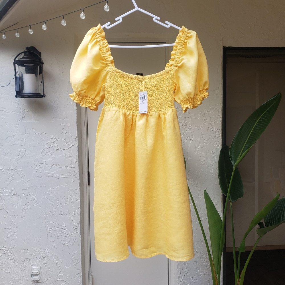 New House of Harlow Puff Sleeve Linen Sunset Gold Mini Dress XS